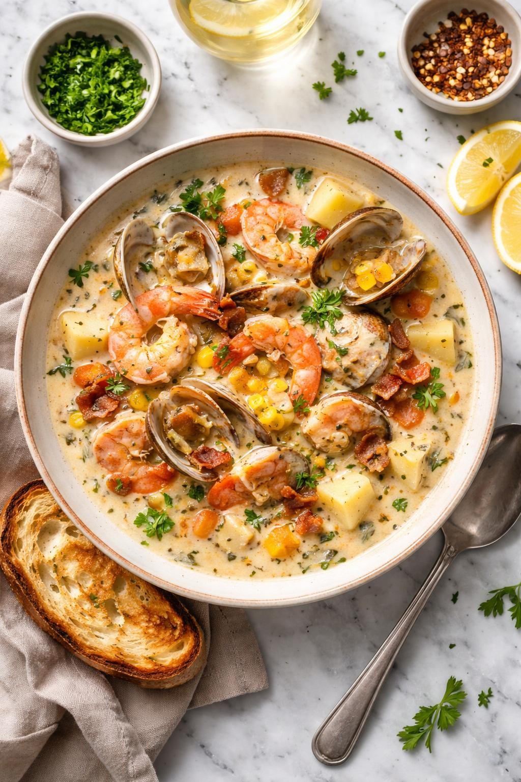 An overheard picture view of a plate of Dutch Oven Seafood Chowder   sitting on a marble countertop table in the kitchen, professional food photography style.
