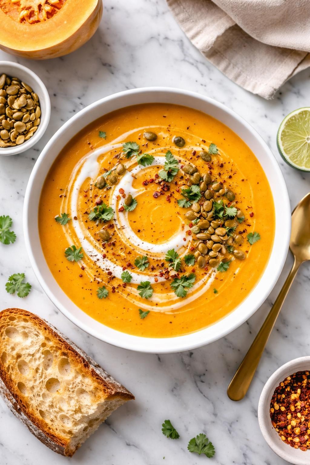 An overheard picture view of a plate of Creamy Coconut Butternut Squash Soup sitting on a marble countertop table in the kitchen, professional food photography style.
