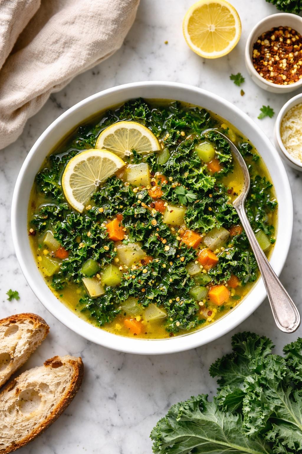 An overheard picture view of a plate of  Winter Detox Kale Soup  sitting on a marble countertop table in the kitchen, professional food photography style.
