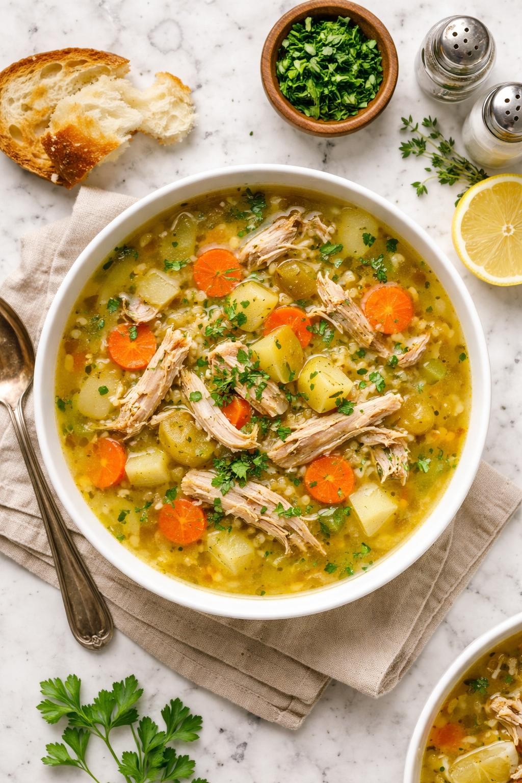 An overheard picture view of a plate of  Simple Turkey Carcass Soup  sitting on a marble countertop table in the kitchen, professional food photography style.
