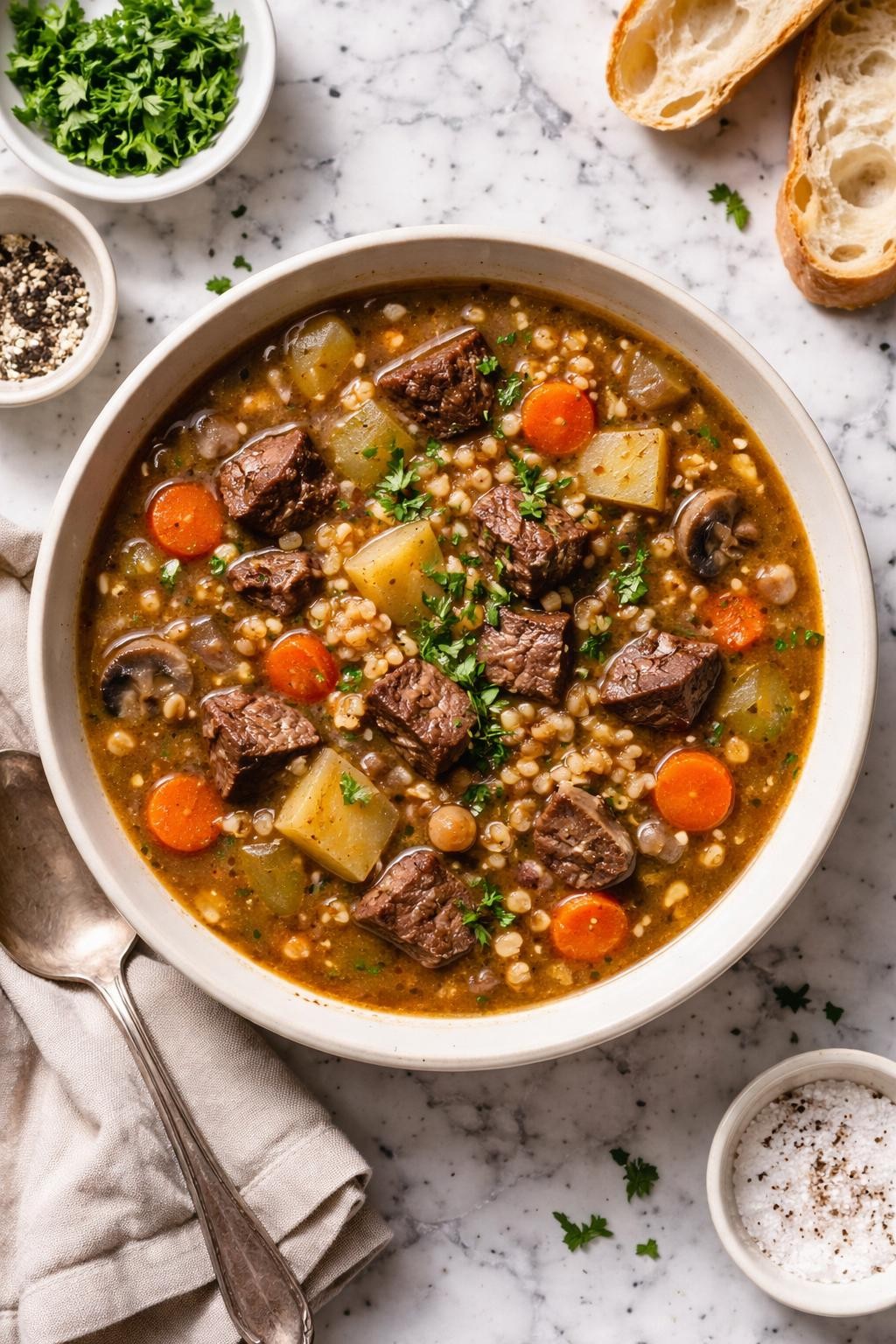 An overheard picture view of a plate of  Dutch Oven Beef and Barley Soup  sitting on a marble countertop table in the kitchen, professional food photography style.
