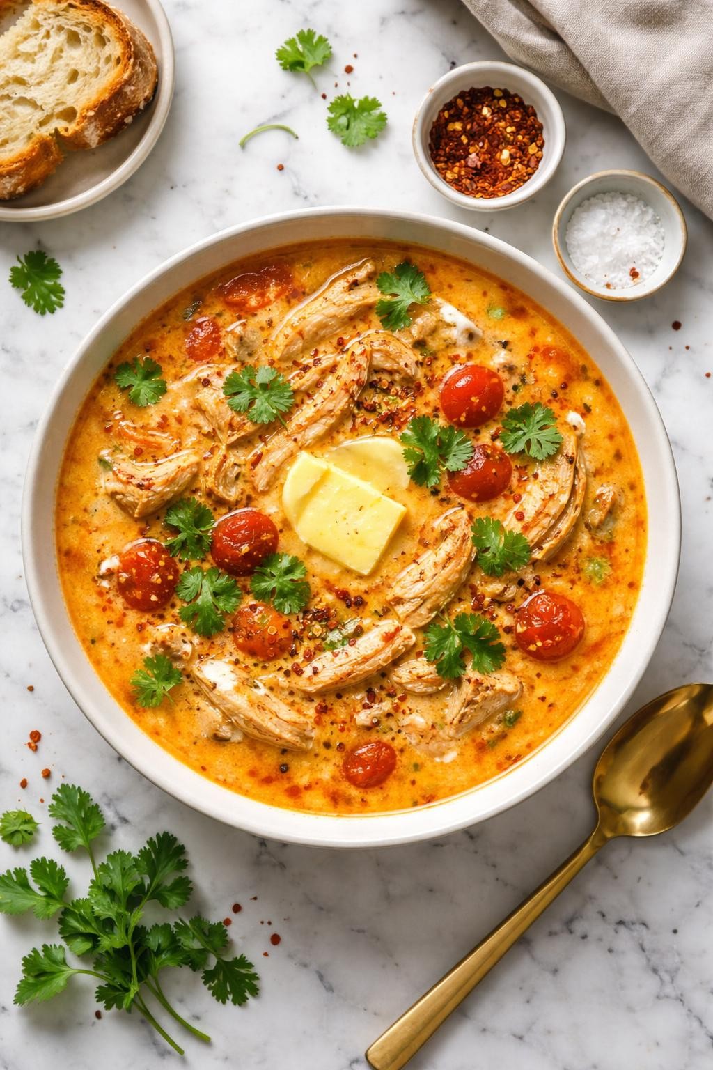 An overheard picture view of a plate of Chicken and Butter Soup   sitting on a marble countertop table in the kitchen, professional food photography style.
