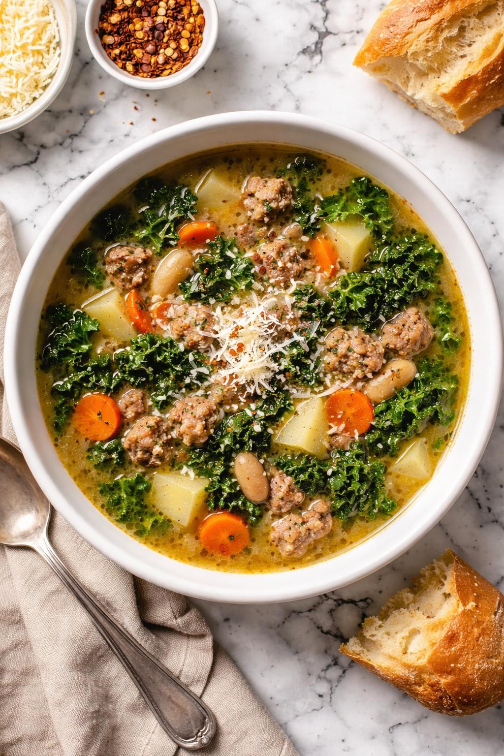 An overheard picture view of a plate of  Sausage and Kale Soup  sitting on a marble countertop table in the kitchen, professional food photography style.
