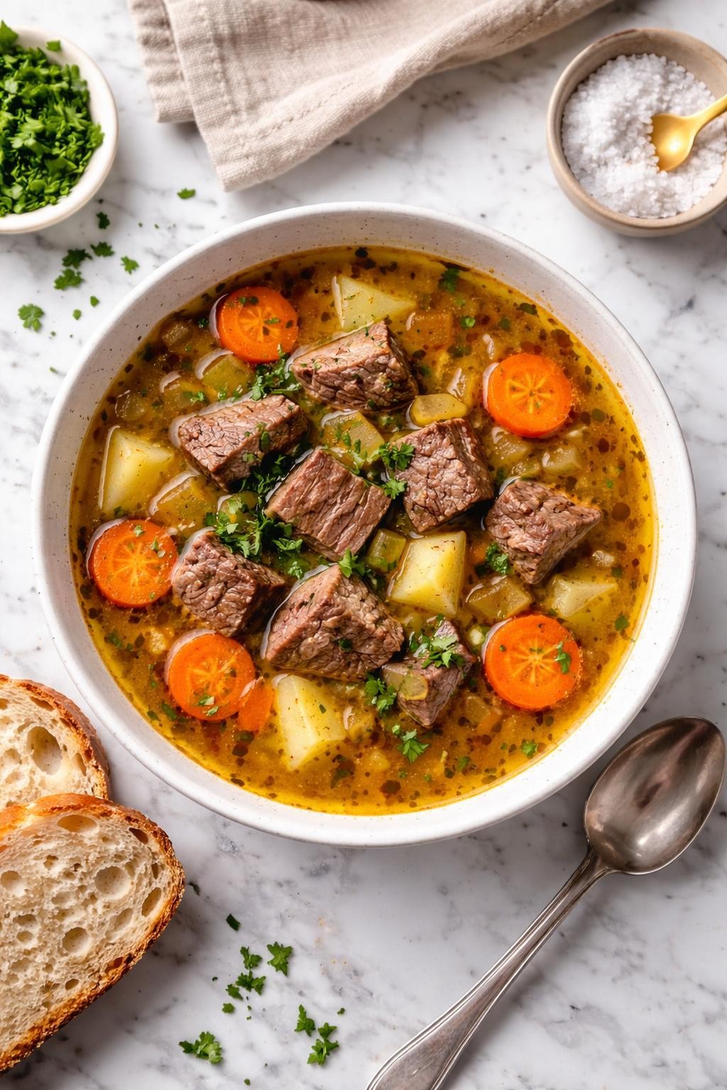 An overheard picture view of a plate of  Simple Beef and Bone Broth Soup  sitting on a marble countertop table in the kitchen, professional food photography style.
