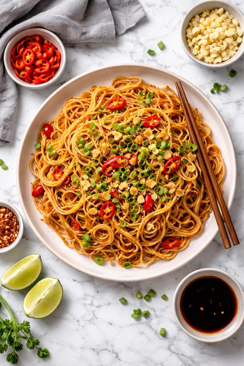 An overheard picture view of a plate of Chili Garlic Noodles sitting on a marble countertop table in the kitchen, professional food photography style.