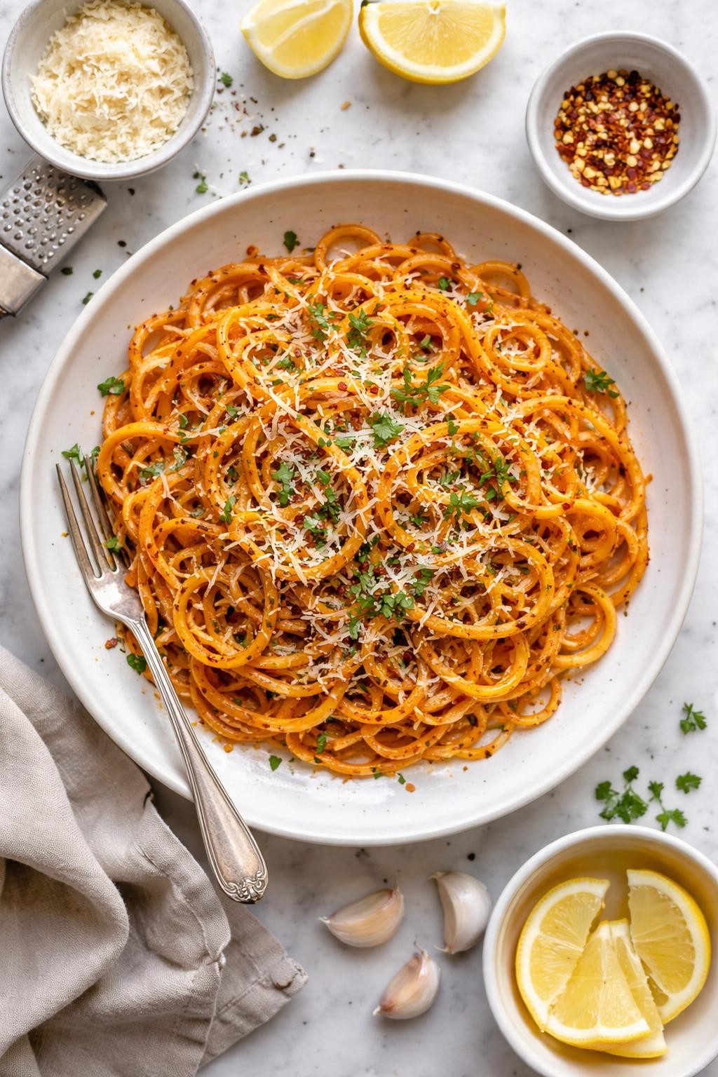 An overheard picture view of a plate of Garlic Parmesan Sweet Potato Noodles sitting on a marble countertop table in the kitchen, professional food photography style.
