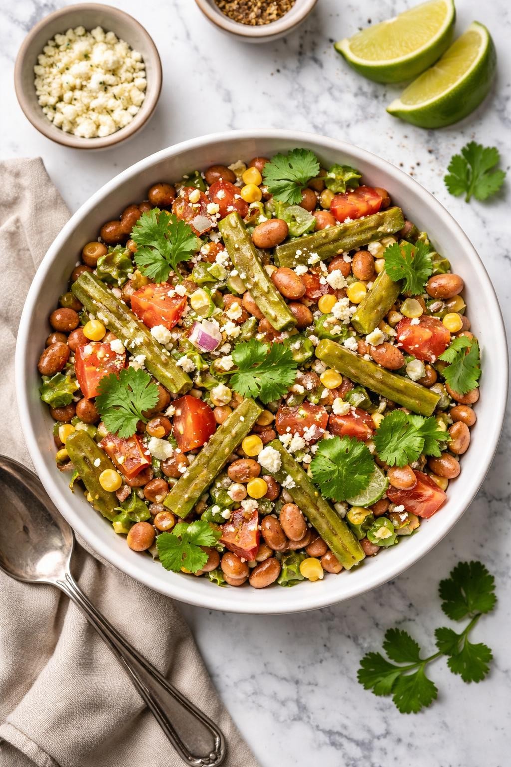 An overheard picture view of a plate of Pinto Bean and Nopal Salad sitting on a marble countertop table in the kitchen, professional food photography style.