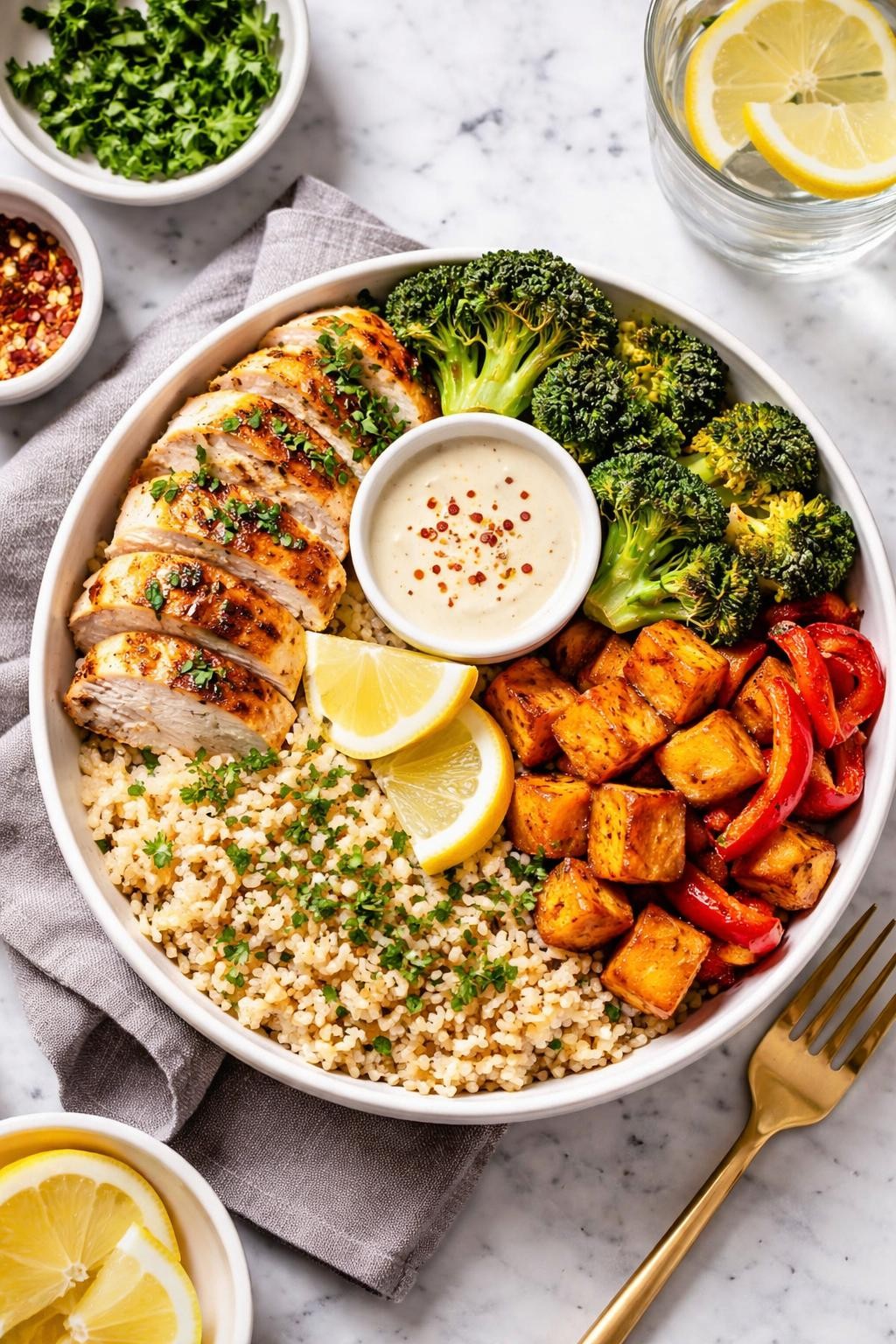 An overheard picture view of a plate of Make-Ahead Meal Prep Version sitting on a marble countertop table in the kitchen, professional food photography style.