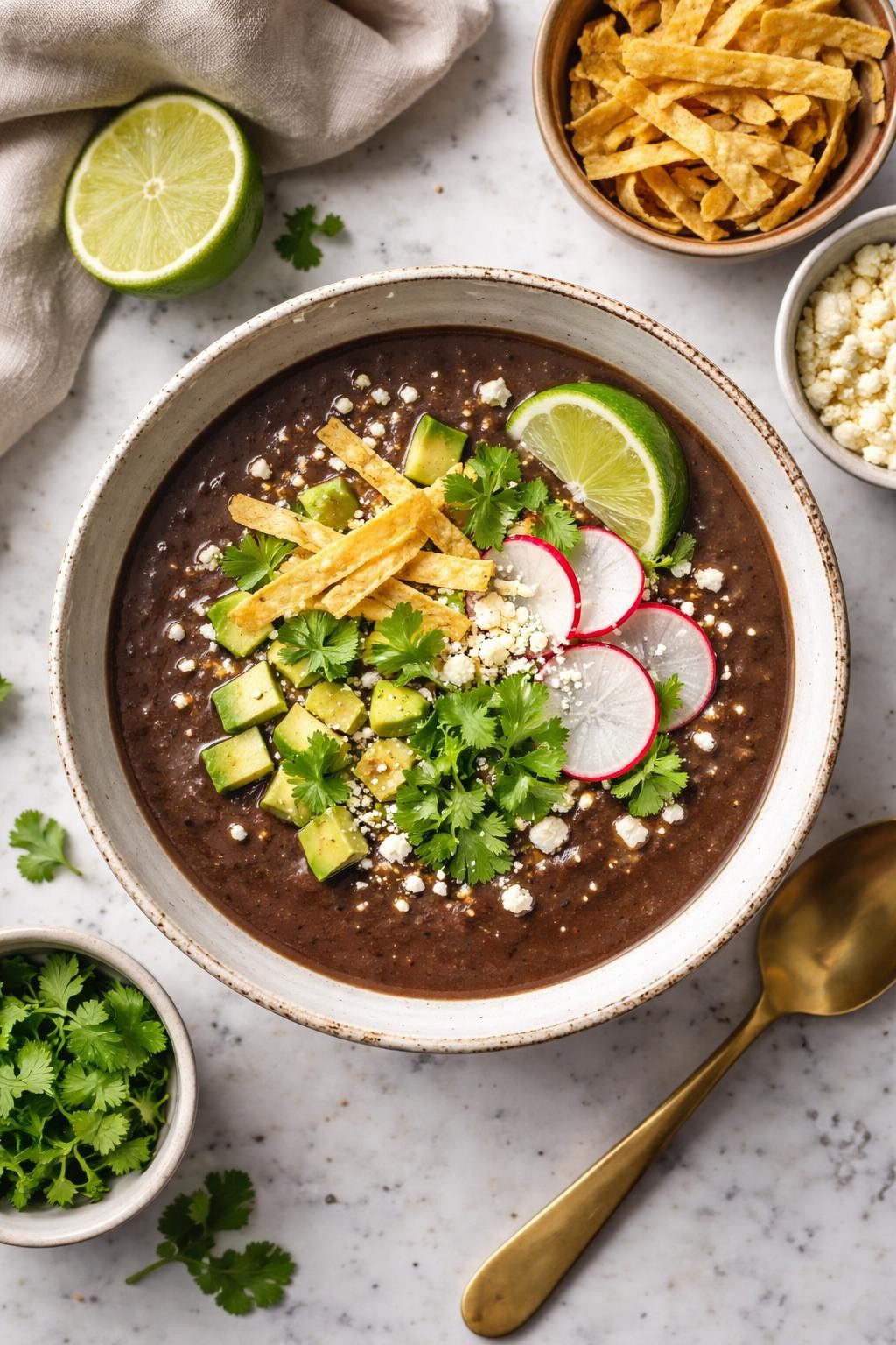 An overheard picture view of a plate of Sopa de Frijol sitting on a marble countertop table in the kitchen, professional food photography style.