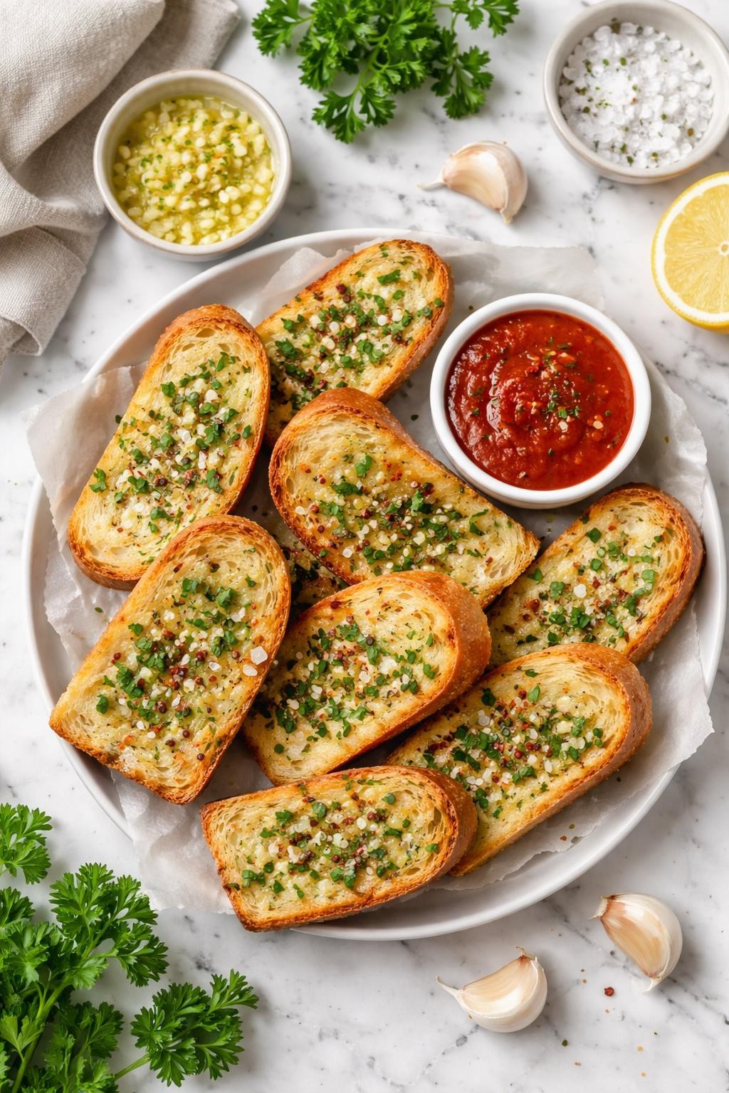 An overheard picture view of a plate of  Vegan Garlic Bread  sitting on a marble countertop table in the kitchen, professional food photography style.
