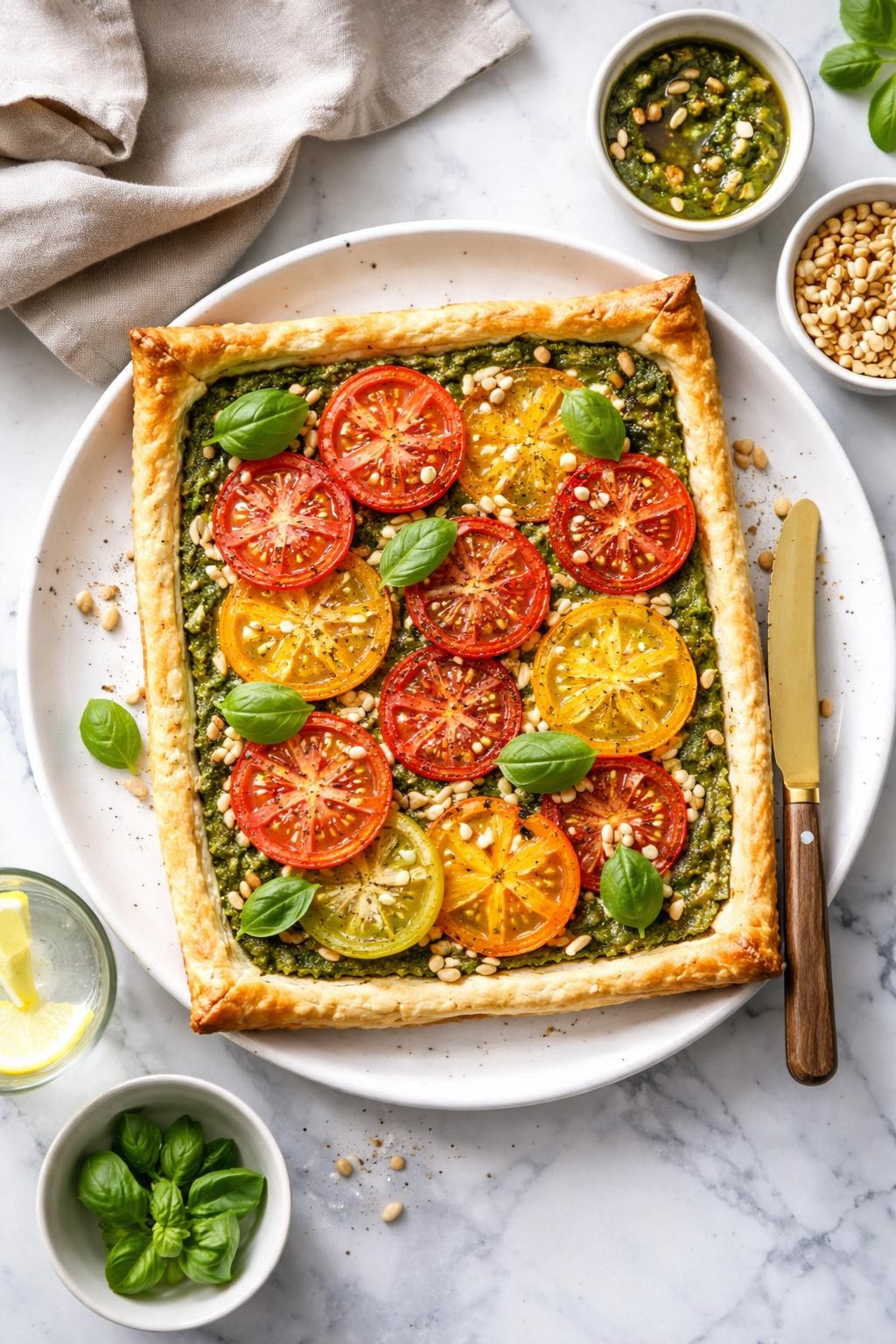 An overheard picture view of a plate of Vegan Pesto and Tomato Tart sitting on a marble countertop table in the kitchen, professional food photography style.