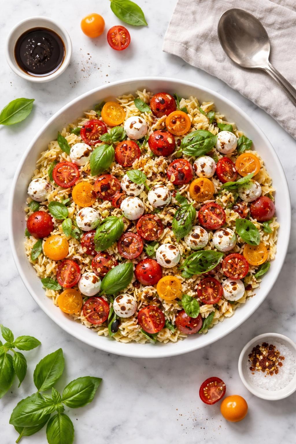 An overheard picture view of a plate of Caprese Orzo Salad   sitting on a marble countertop table in the kitchen, professional food photography style.
