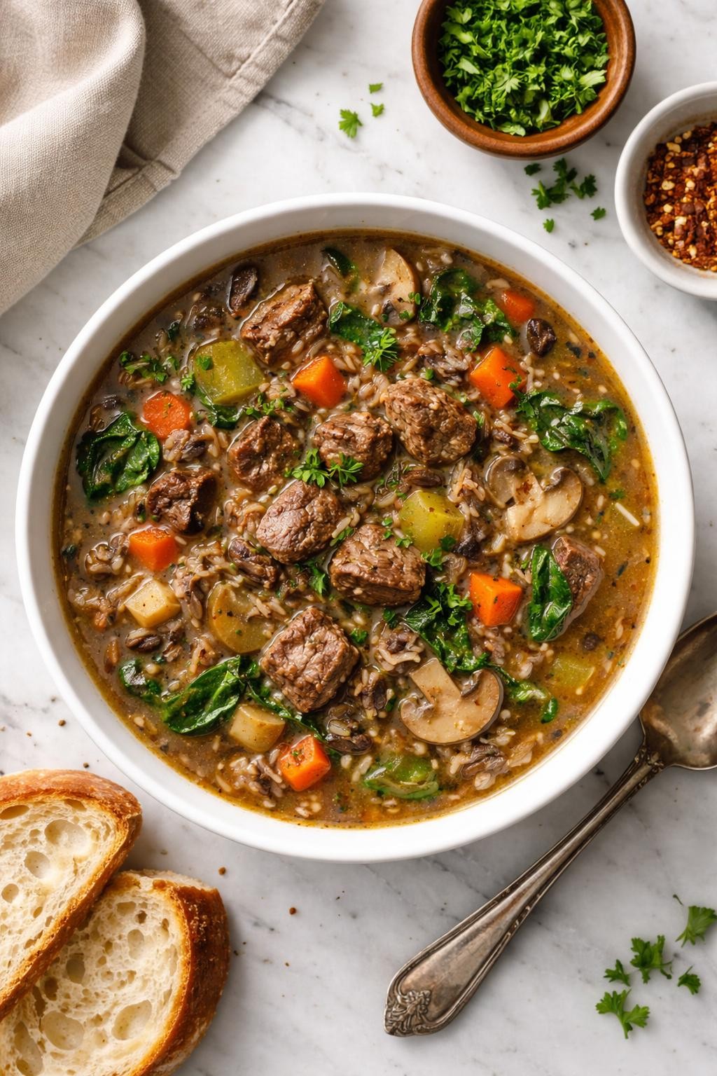 An overheard picture view of a plate of Beef and Wild Rice Soup sitting on a marble countertop table in the kitchen, professional food photography style.