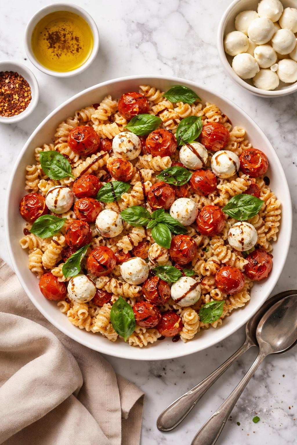 An overheard picture view of a plate of   Caprese Pasta Salad with Roasted Tomatoes sitting on a marble countertop table in the kitchen, professional food photography style.
