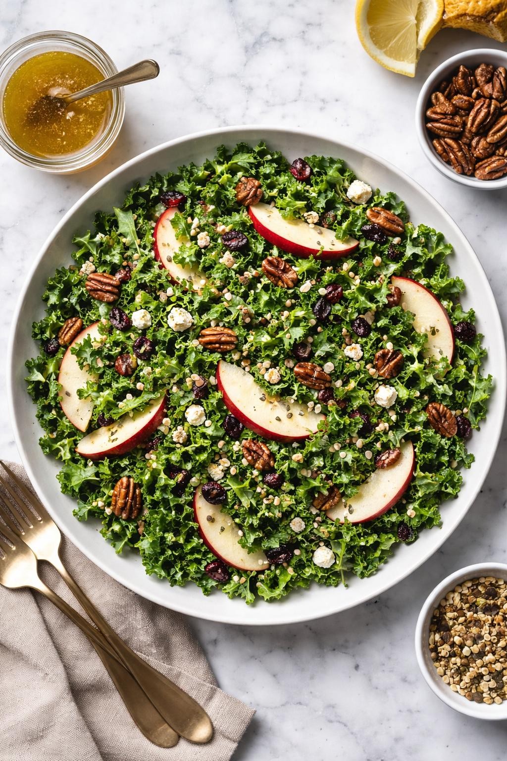 An overheard picture view of a plate of Crunchy Kale Salad with Apples and Pecans  sitting on a marble countertop table in the kitchen, professional food photography style.
