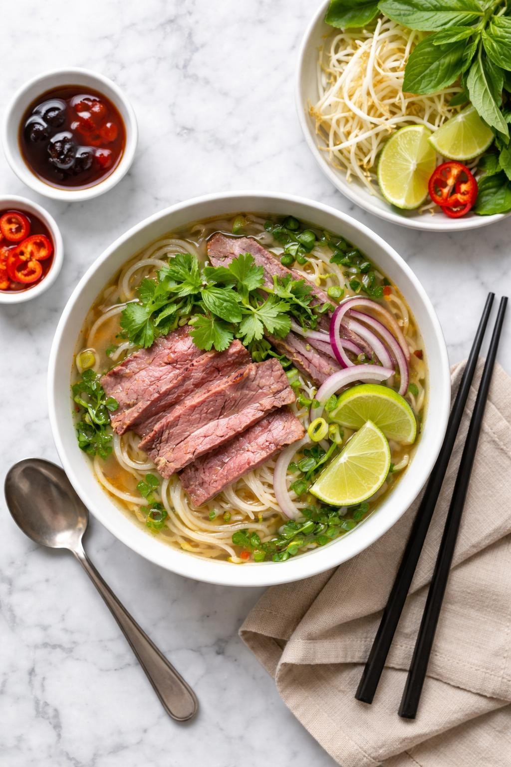 An overheard picture view of a plate of Vietnamese Beef Noodle Soup (Pho) sitting on a marble countertop table in the kitchen, professional food photography style.