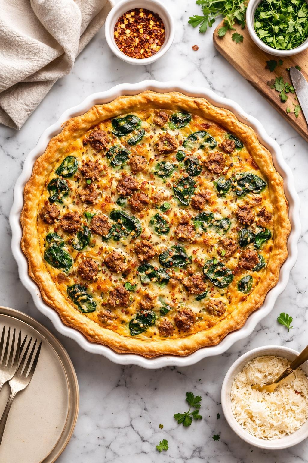 An overheard picture view of a plate of Sausage and Spinach Quiche   sitting on a marble countertop table in the kitchen, professional food photography style.

