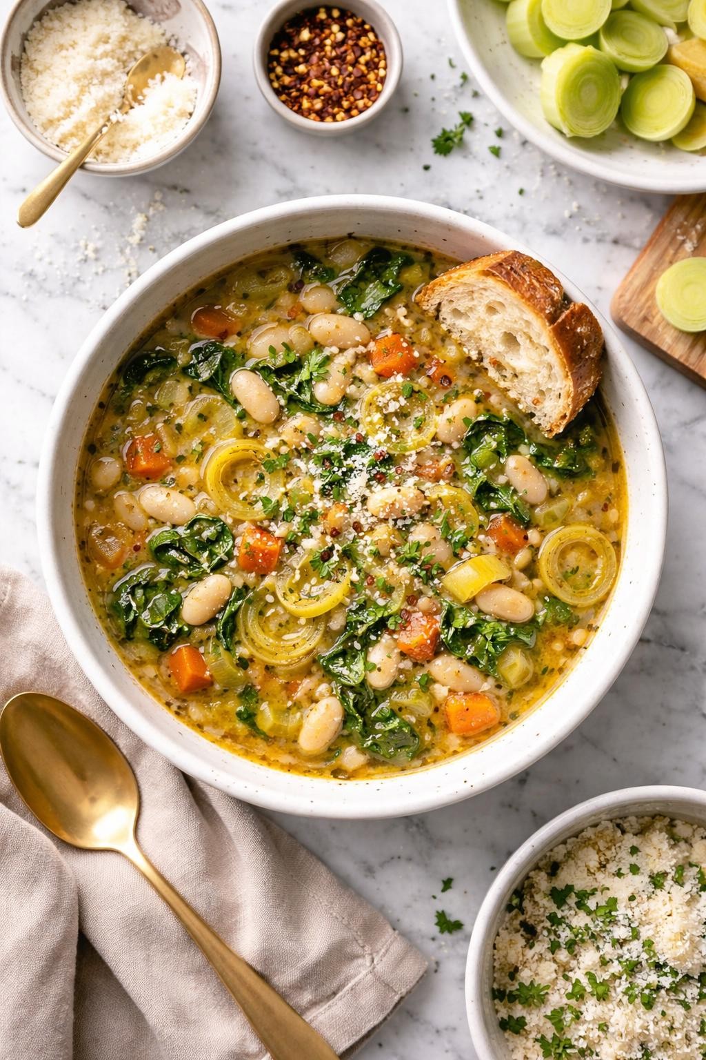 An overheard picture view of a plate of  Leek and White Bean Soup  sitting on a marble countertop table in the kitchen, professional food photography style.
