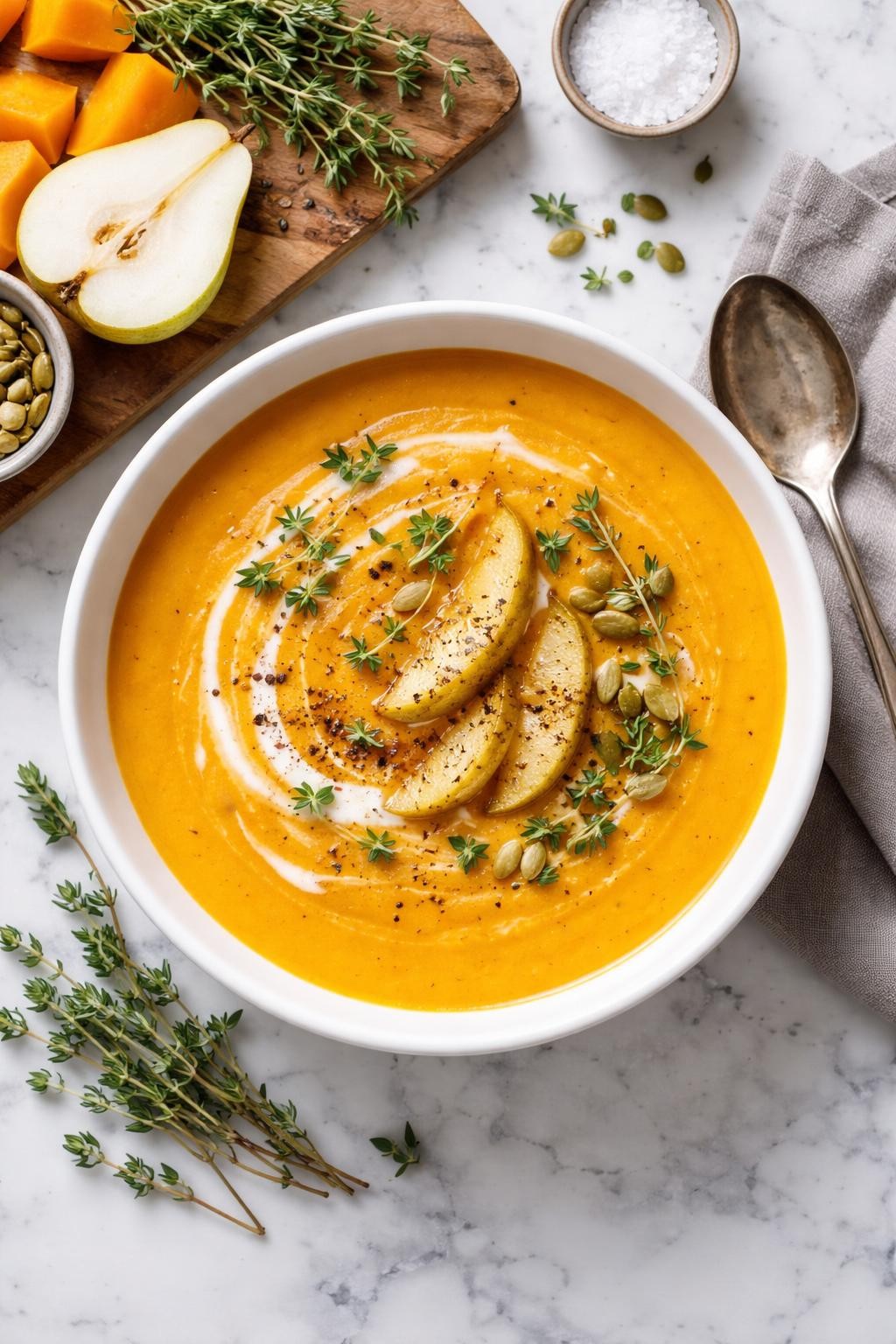 An overheard picture view of a plate of Butternut Squash and Pear Soup sitting on a marble countertop table in the kitchen, professional food photography style.