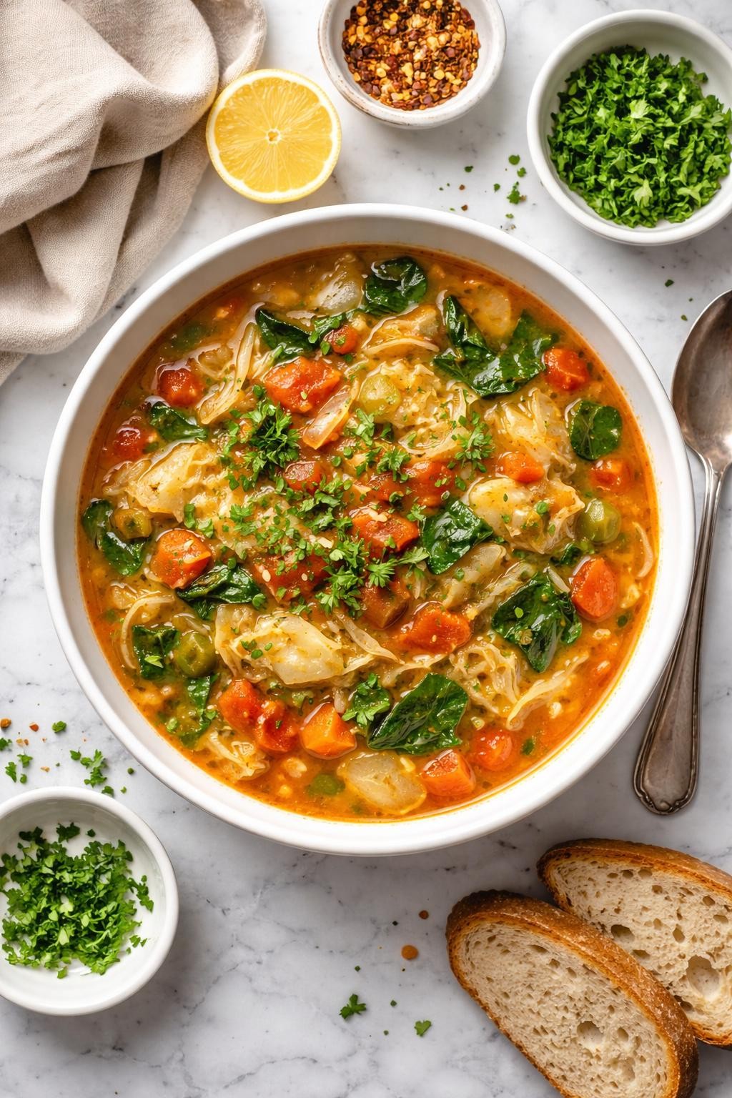 An overheard picture view of a plate of Weight Watchers Zero Point Cabbage Soup   sitting on a marble countertop table in the kitchen, professional food photography style.
