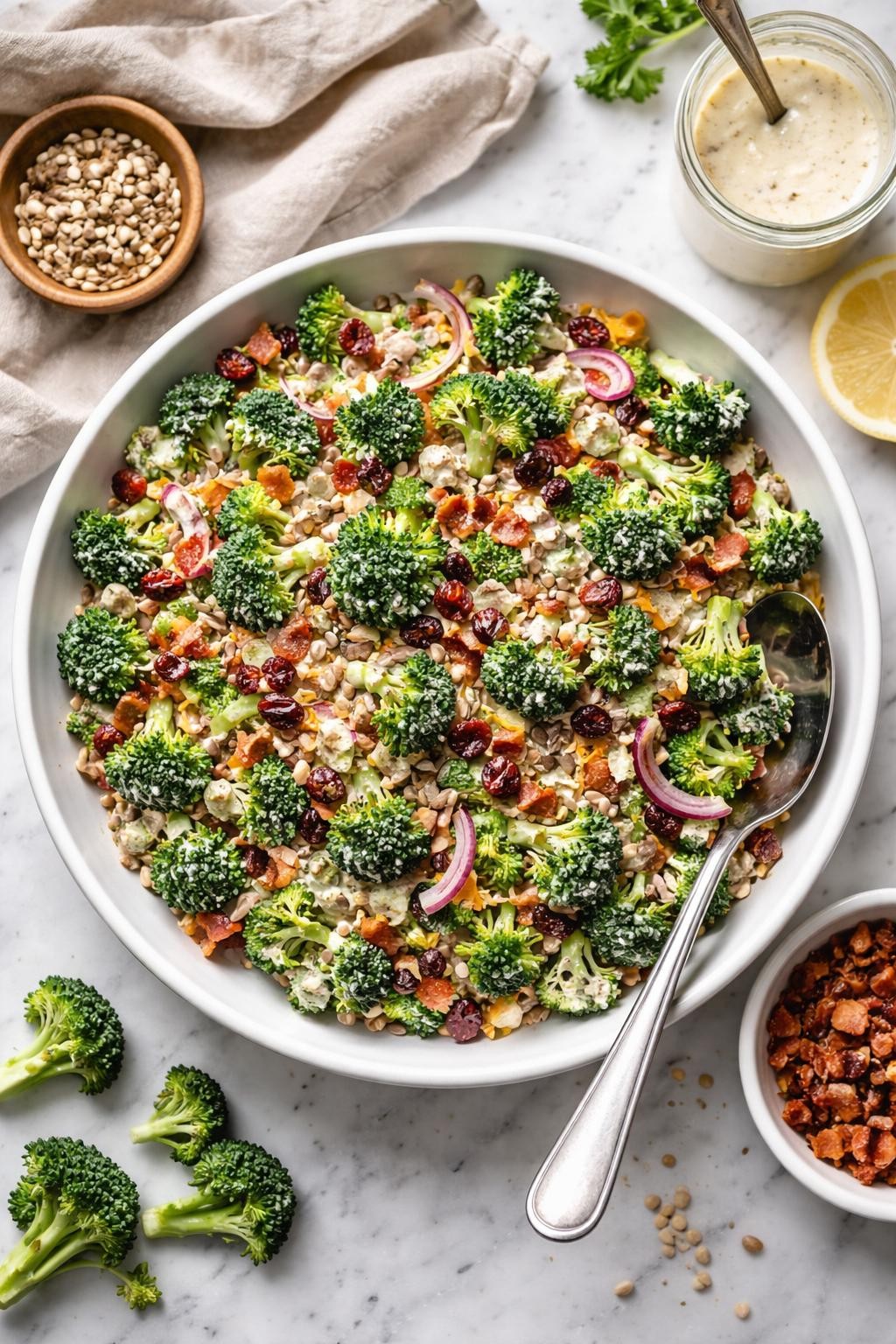 An overheard picture view of a plate of  Classic Crunchy Broccoli Salad  sitting on a marble countertop table in the kitchen, professional food photography style.
