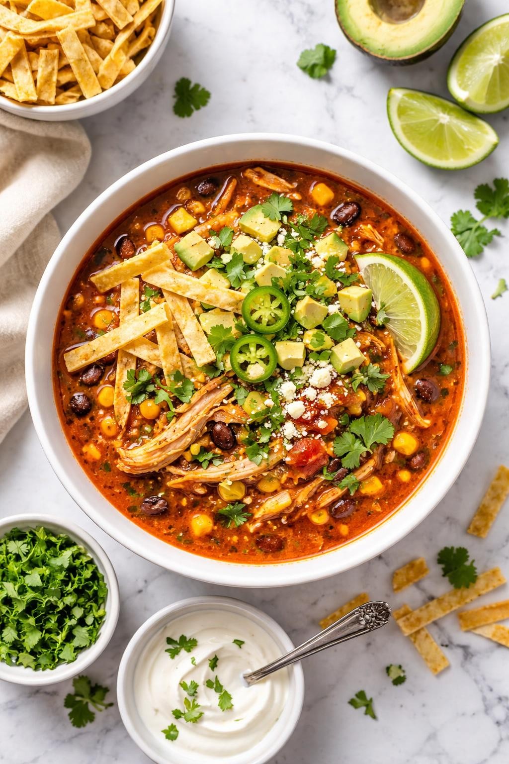 An overheard picture view of a plate of Slow Cooker Tortilla Soup sitting on a marble countertop table in the kitchen, professional food photography style.