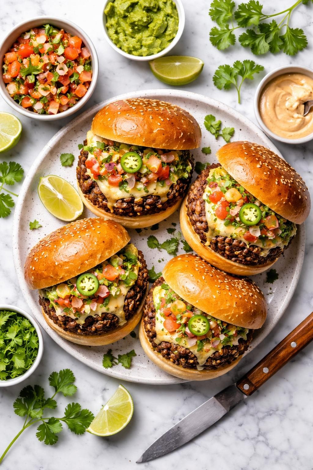 An overheard picture view of a plate of Mexican Bean Burgers sitting on a marble countertop table in the kitchen, professional food photography style.