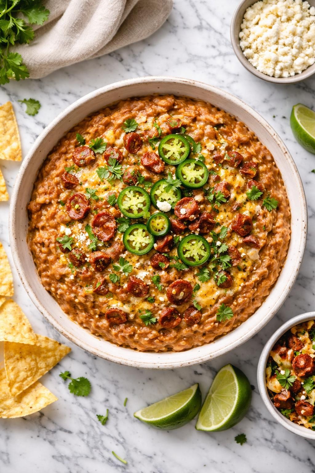 An overheard picture view of a plate of Frijoles Puercos (Sinful Beans) sitting on a marble countertop table in the kitchen, professional food photography style.