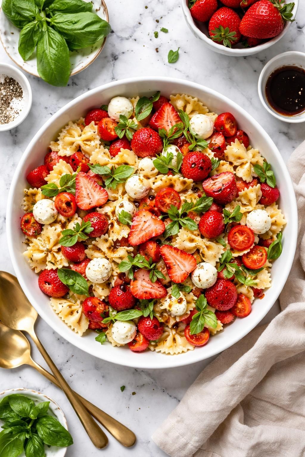 An overheard picture view of a plate of  Strawberry Caprese Pasta Salad  sitting on a marble countertop table in the kitchen, professional food photography style.
