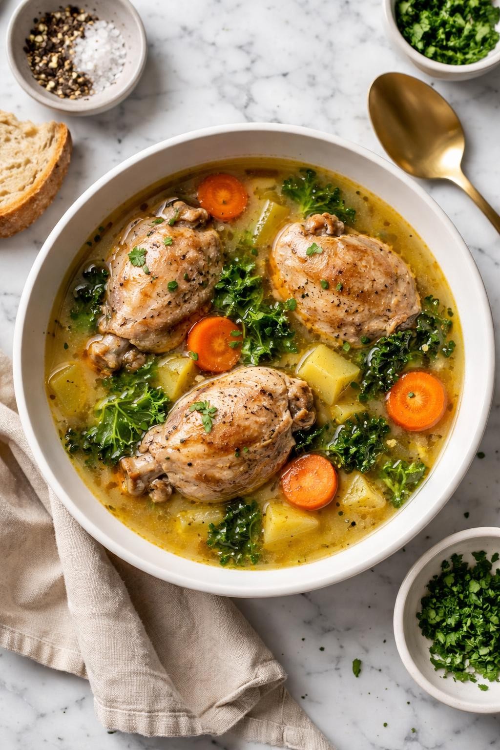 An overheard picture view of a plate of Chicken Thigh and Bone Broth Soup   sitting on a marble countertop table in the kitchen, professional food photography style.
