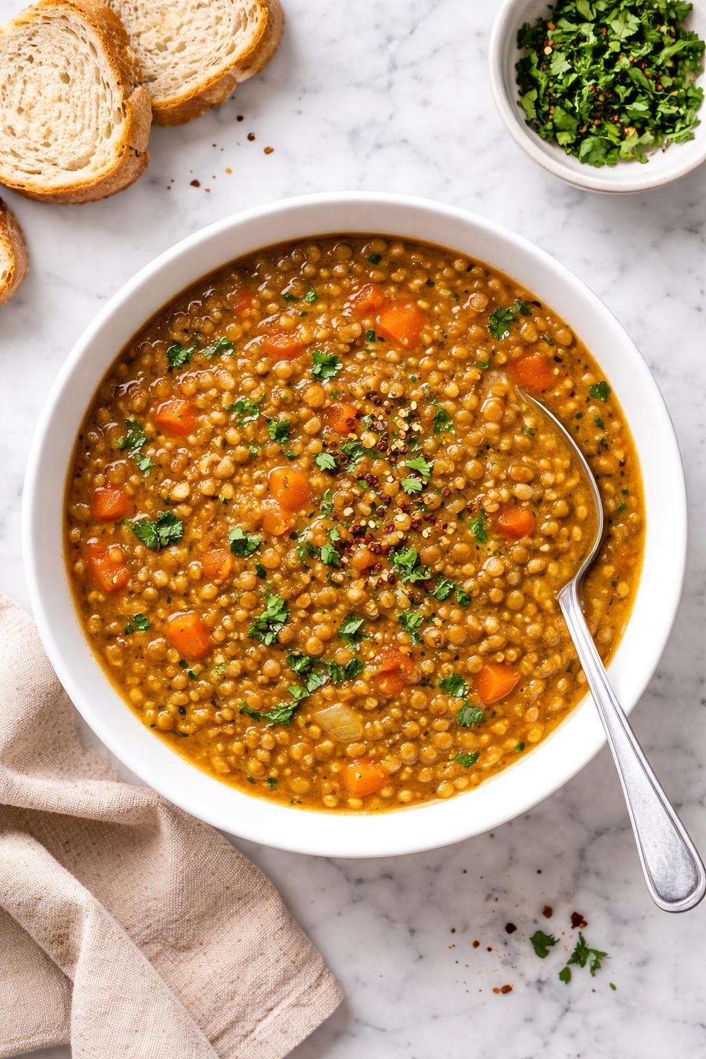 An overheard picture view of a plate of 3-Ingredient Lentil Soup sitting on a marble countertop table in the kitchen, professional food photography style.