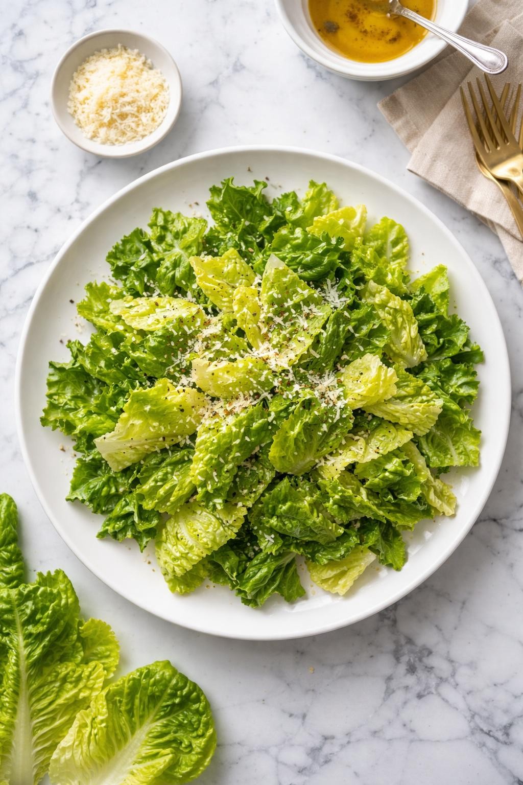 An overheard picture view of a plate of Romaine-Only Simple Version sitting on a marble countertop table in the kitchen, professional food photography style.
