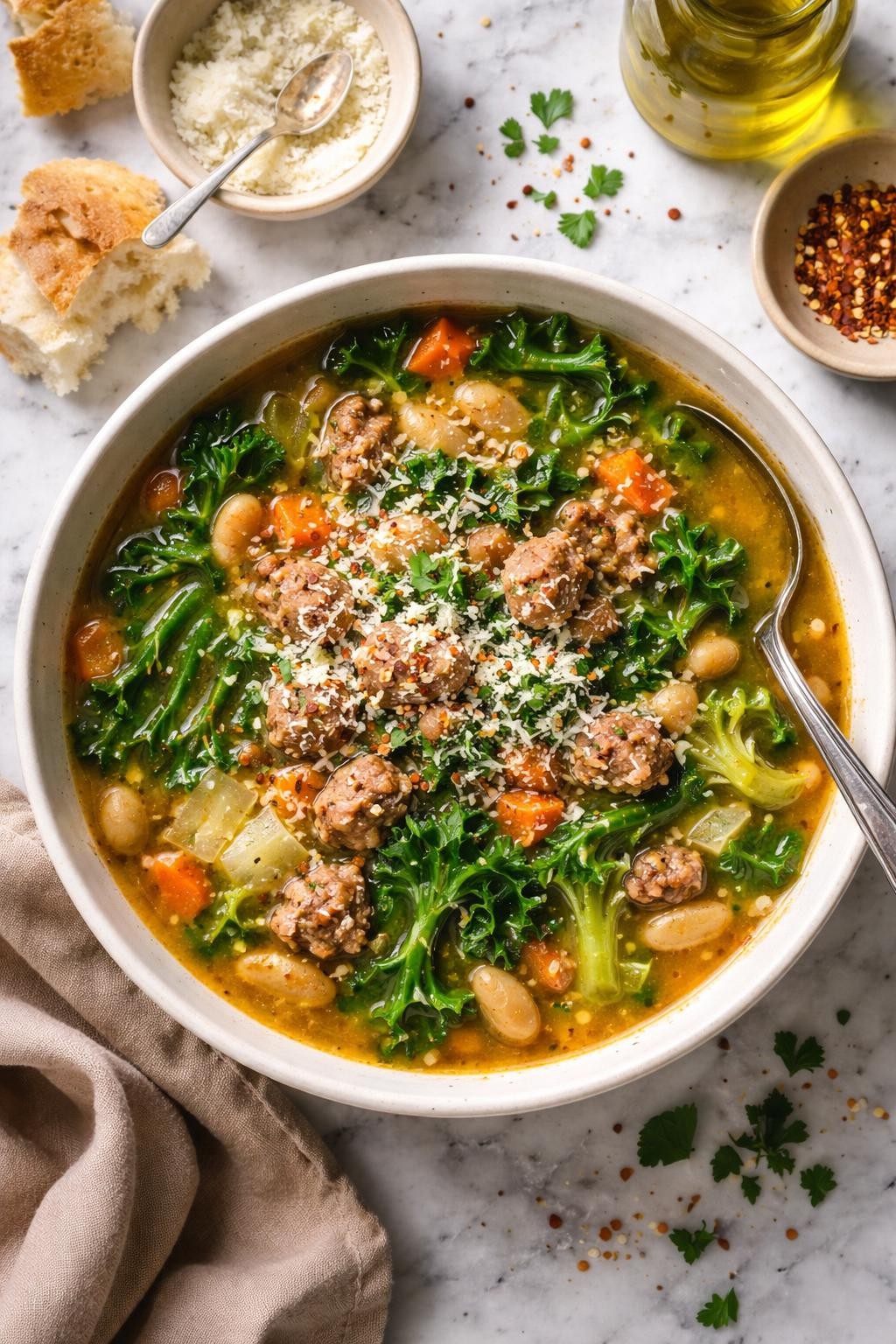 An overheard picture view of a plate of  Italian Sausage and Escarole Soup  sitting on a marble countertop table in the kitchen, professional food photography style.
