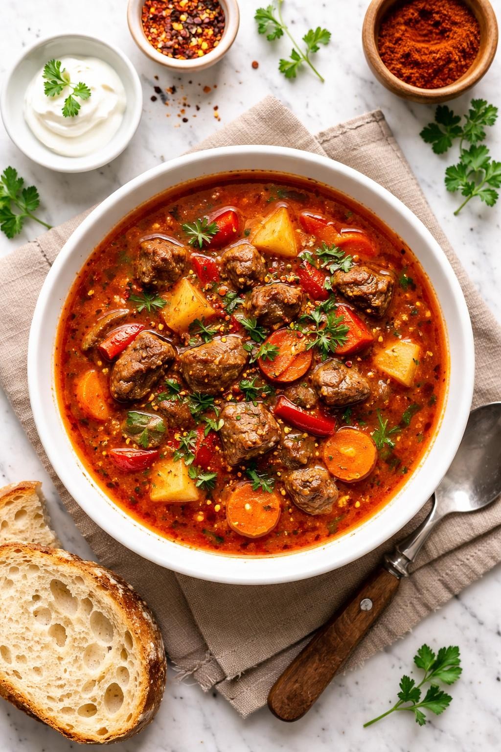 An overheard picture view of a plate of Hungarian Beef Soup (Goulash Soup) sitting on a marble countertop table in the kitchen, professional food photography style.