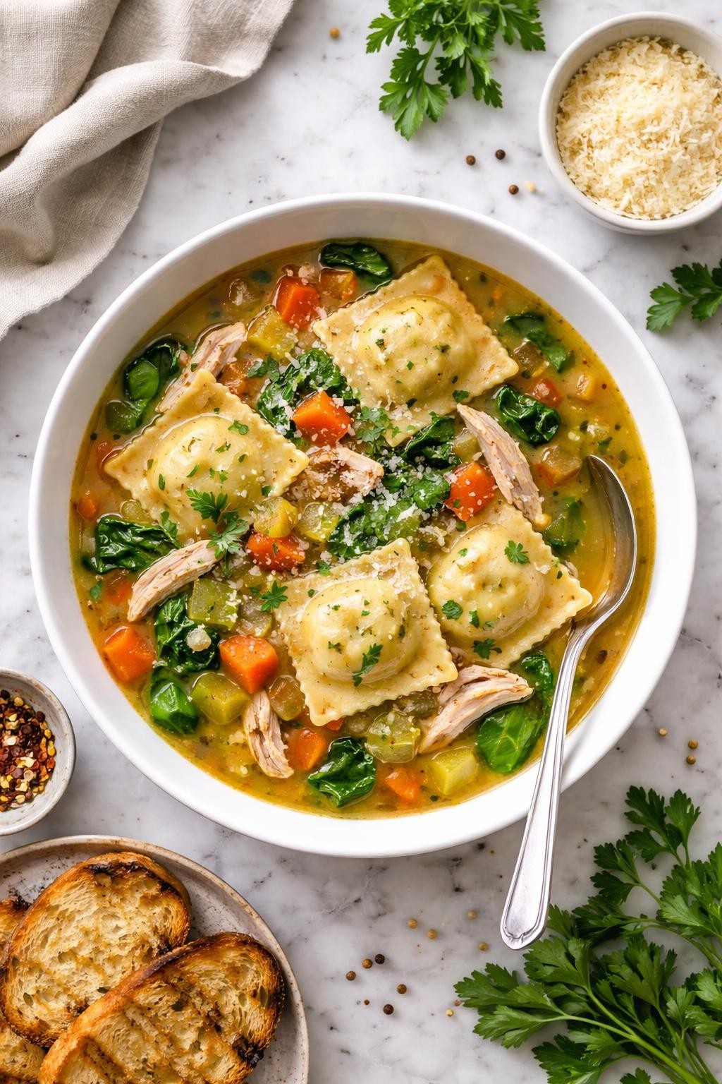 An overheard picture view of a plate of Chicken and Vegetable Soup with Ravioli   sitting on a marble countertop table in the kitchen, professional food photography style.
