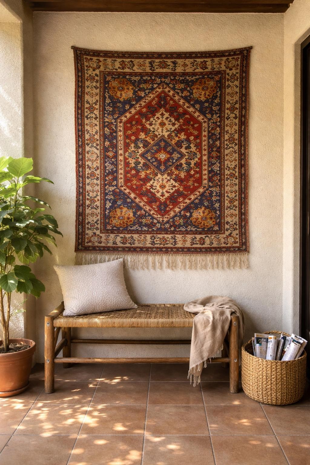 Photo of a patio corner with a vintage rug hanging on the wall and a small bench below, straight-on view, setting on a covered patio with tile floors, morning light, containing a woven basket with rolled magazines, iPhone photo quality.