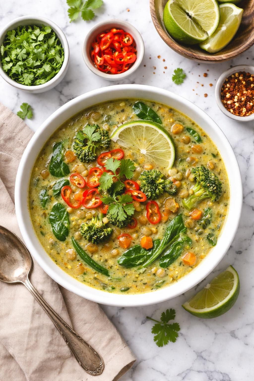 An overheard picture view of a plate of   Spicy Thai Green Curry Lentil Soup sitting on a marble countertop table in the kitchen, professional food photography style.
