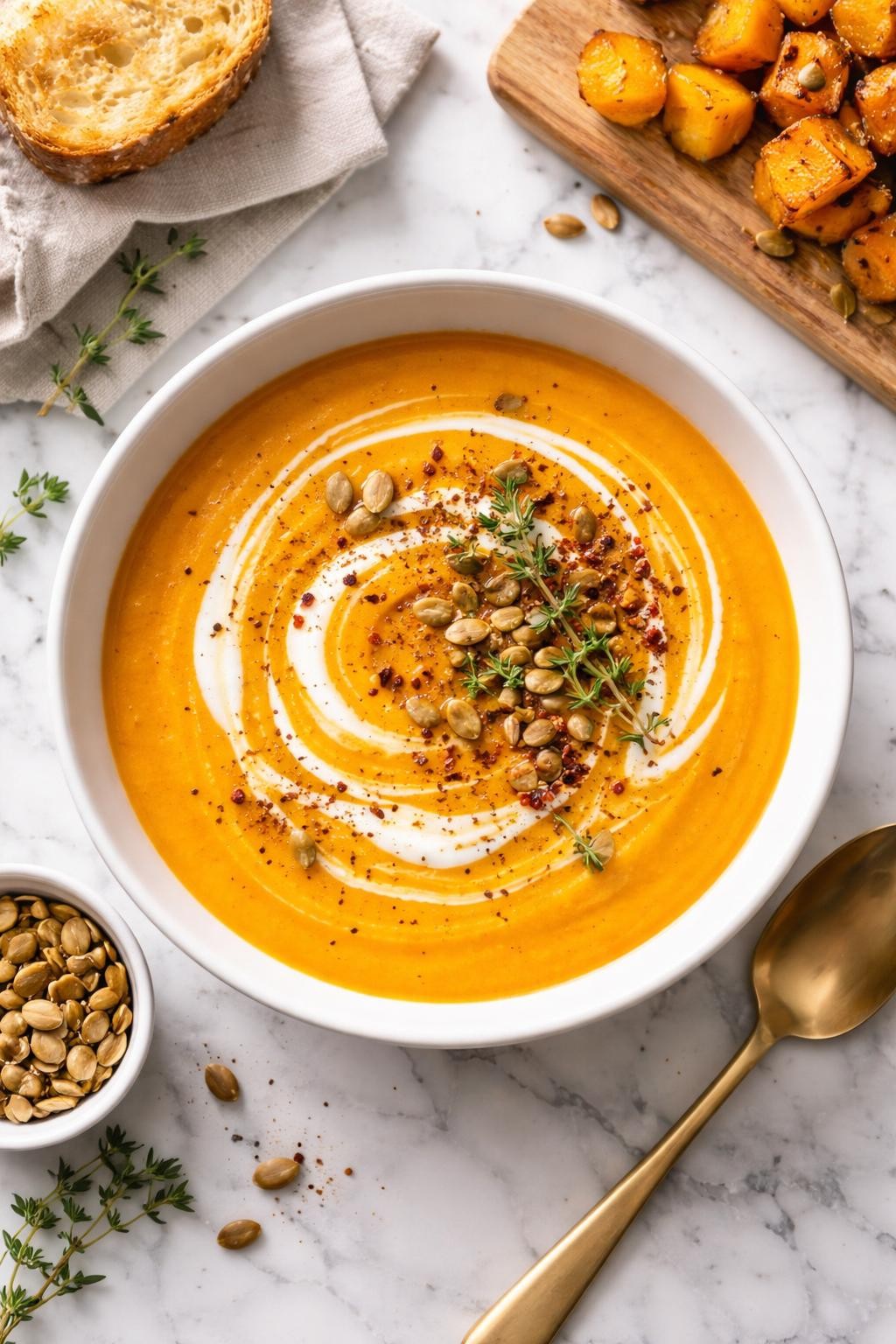 An overheard picture view of a plate of Roasted Butternut Squash Soup sitting on a marble countertop table in the kitchen, professional food photography style.