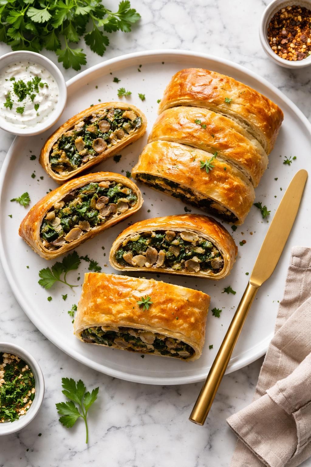 An overheard picture view of a plate of Vegan Spinach and Mushroom Strudel sitting on a marble countertop table in the kitchen, professional food photography style.