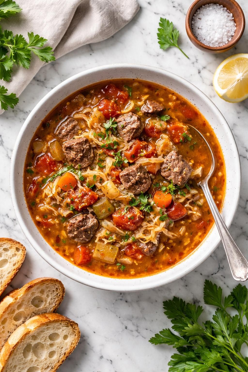 An overheard picture view of a plate of Beef and Cabbage Soup with Tomatoes sitting on a marble countertop table in the kitchen, professional food photography style.