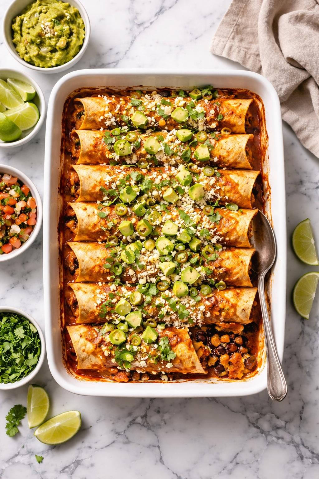 An overheard picture view of a plate of Butternut Squash Black Bean Enchiladas sitting on a marble countertop table in the kitchen, professional food photography style.