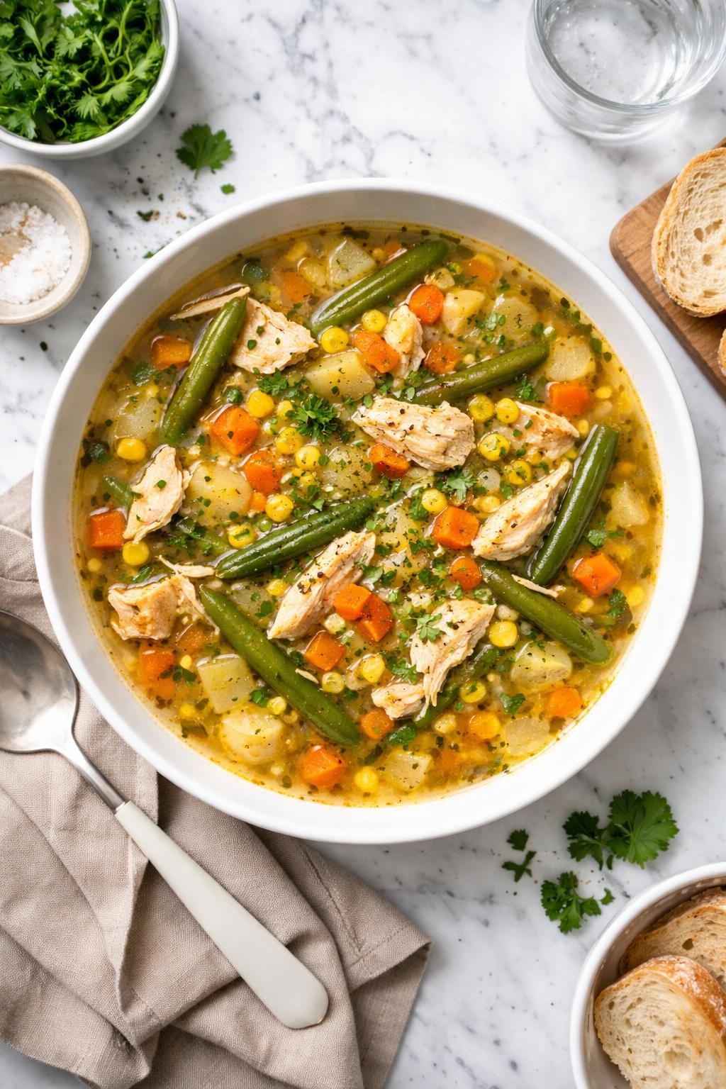 An overheard picture view of a plate of  Chicken and Vegetable Soup with Green Beans and Corn  sitting on a marble countertop table in the kitchen, professional food photography style.
