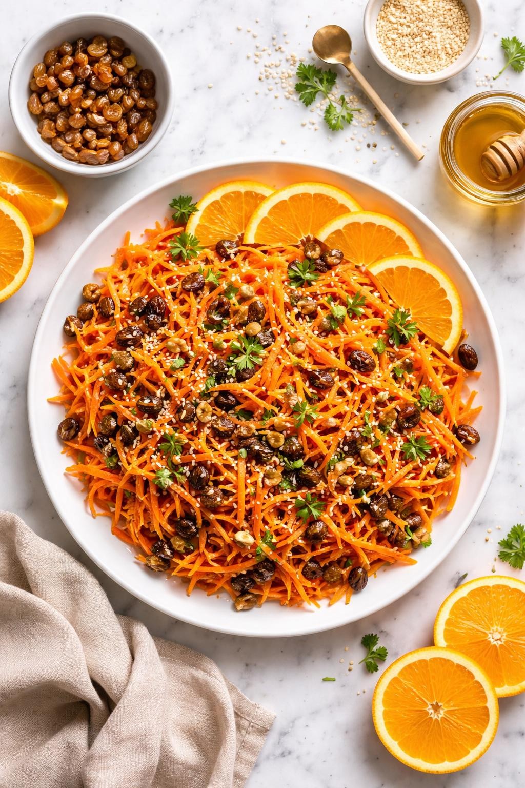 An overheard picture view of a plate of  Orange Blossom Carrot Raisin Salad  sitting on a marble countertop table in the kitchen, professional food photography style.
