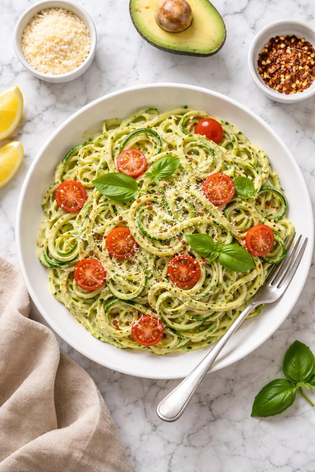 An overheard picture view of a plate of Creamy Avocado Zucchini Noodles sitting on a marble countertop table in the kitchen, professional food photography style.