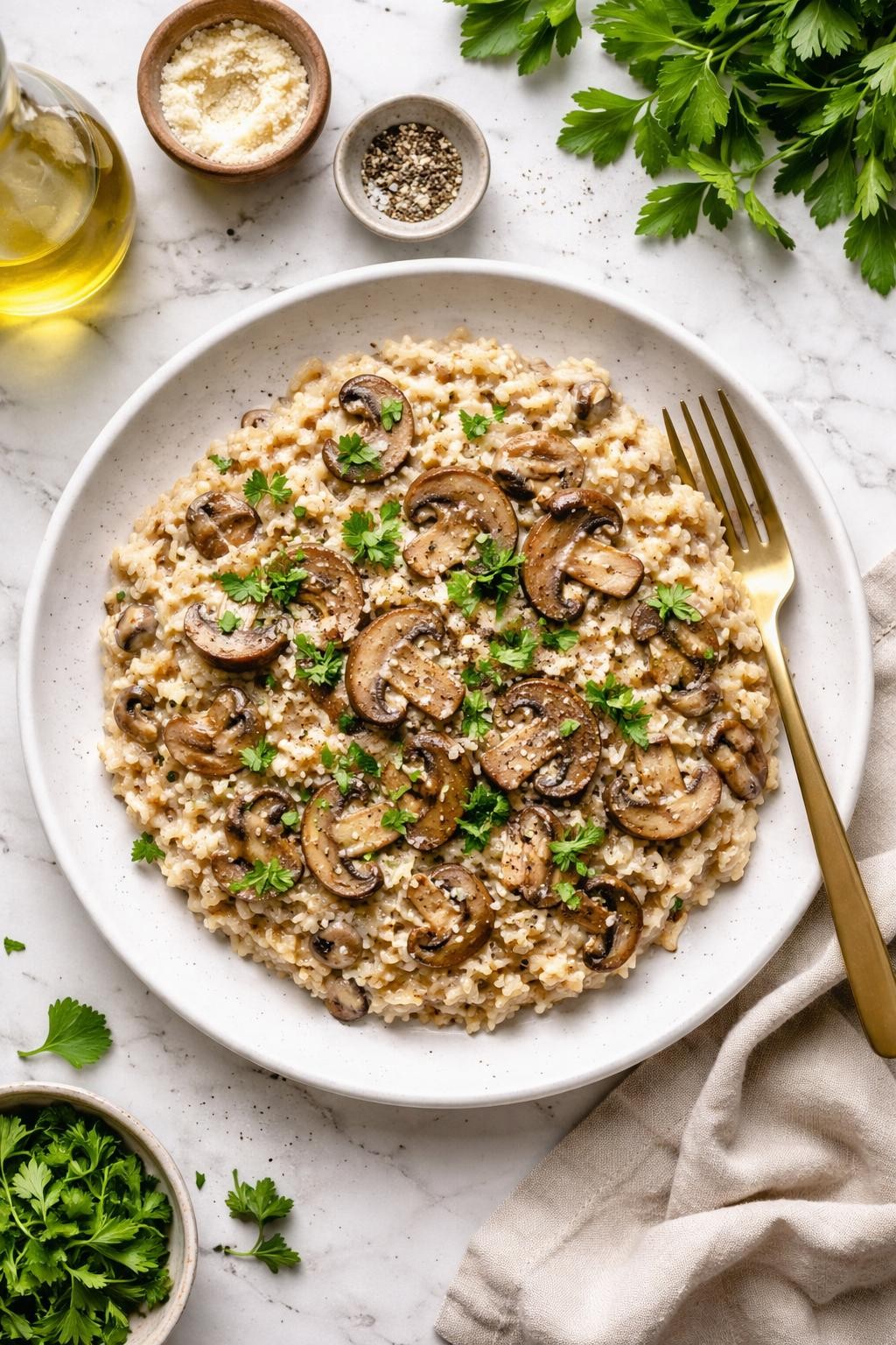 An overheard picture view of a plate of  Creamy Vegan Mushroom Risotto  sitting on a marble countertop table in the kitchen, professional food photography style.
