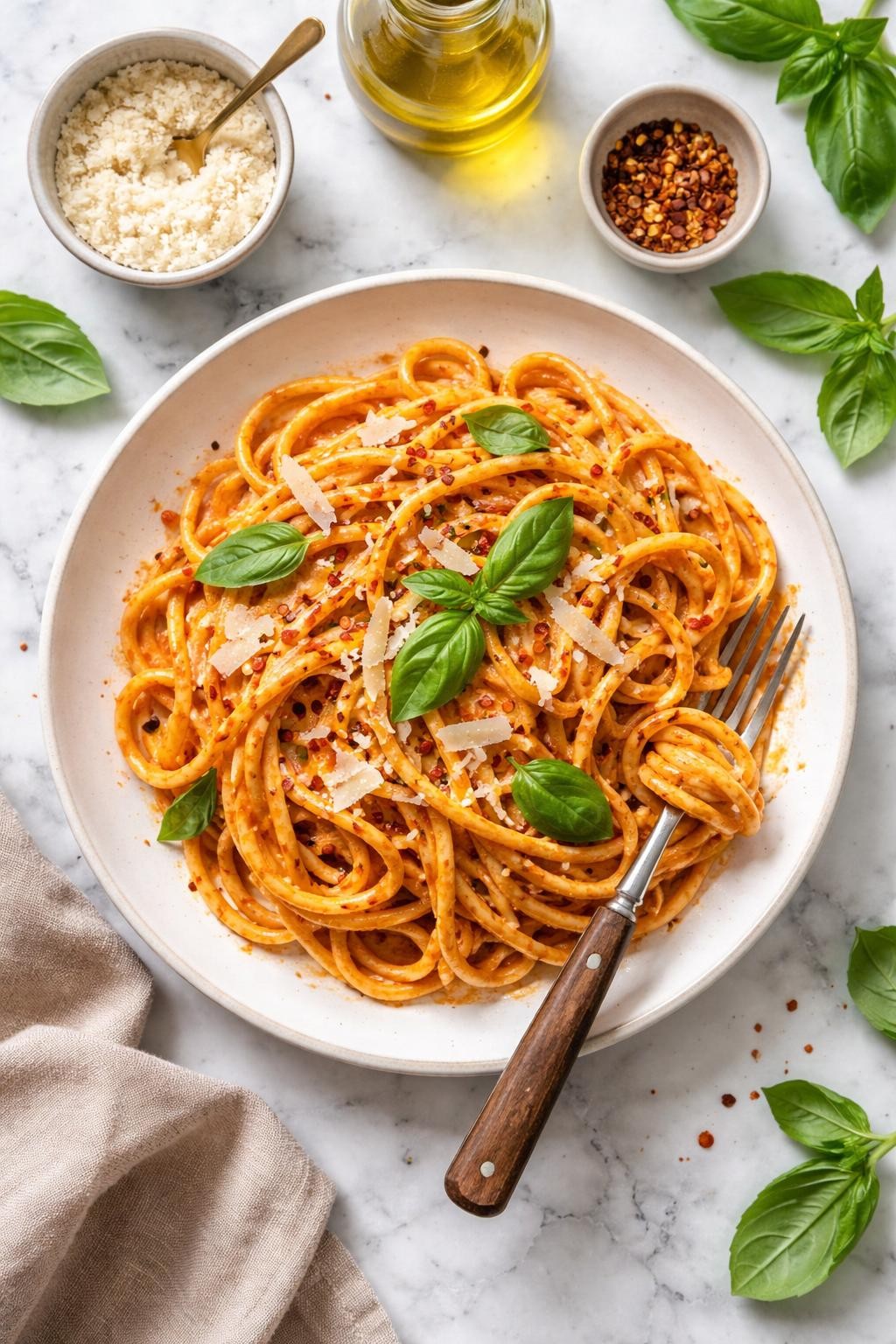 An overheard picture view of a plate of Vegan Roasted Red Pepper Pasta   sitting on a marble countertop table in the kitchen, professional food photography style.
