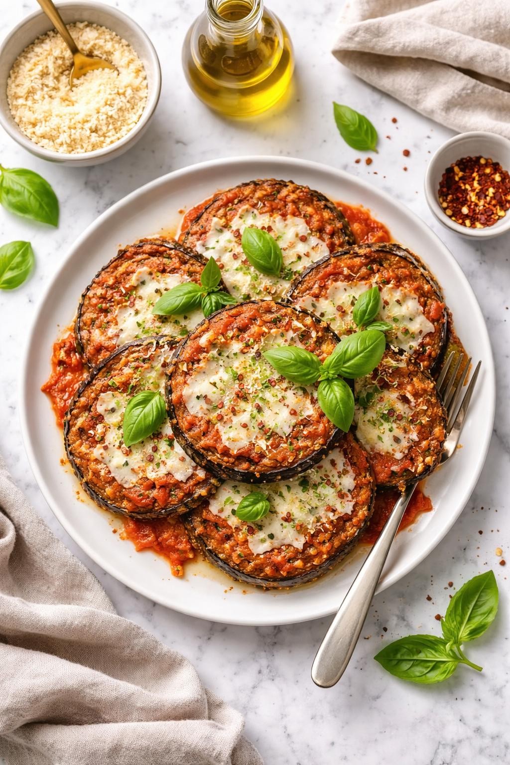 An overheard picture view of a plate of   Vegan Eggplant Parmesan sitting on a marble countertop table in the kitchen, professional food photography style.
