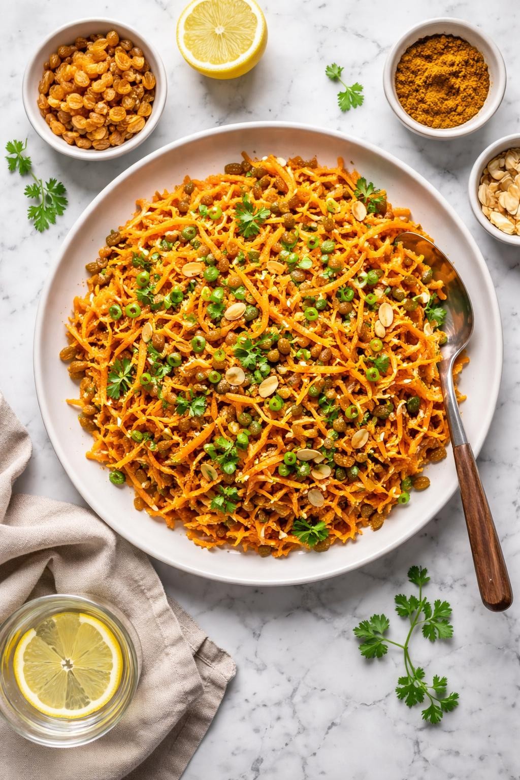 An overheard picture view of a plate of  Curried Carrot Raisin Salad  sitting on a marble countertop table in the kitchen, professional food photography style.
