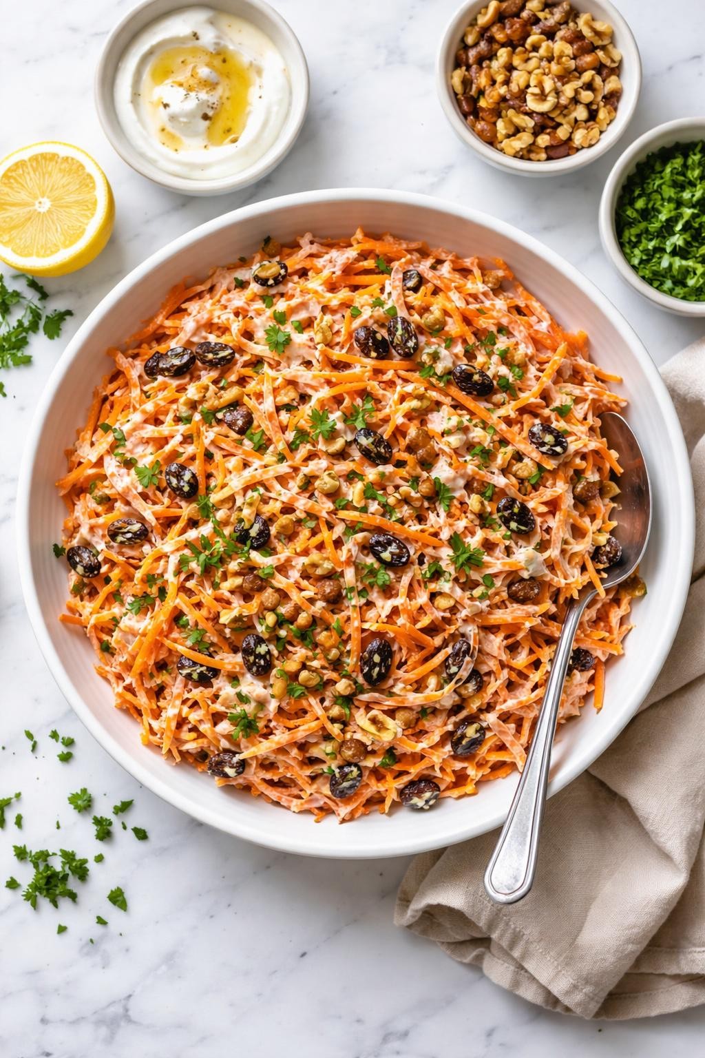 An overheard picture view of a plate of  Healthy Yogurt Carrot Raisin Salad  sitting on a marble countertop table in the kitchen, professional food photography style.
