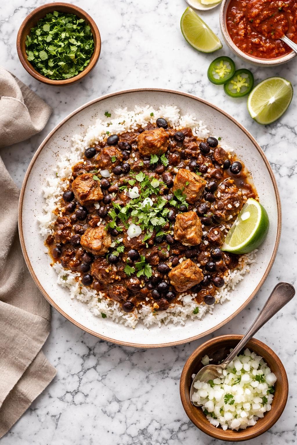 An overheard picture view of a plate of Frijoles con Puerco sitting on a marble countertop table in the kitchen, professional food photography style.